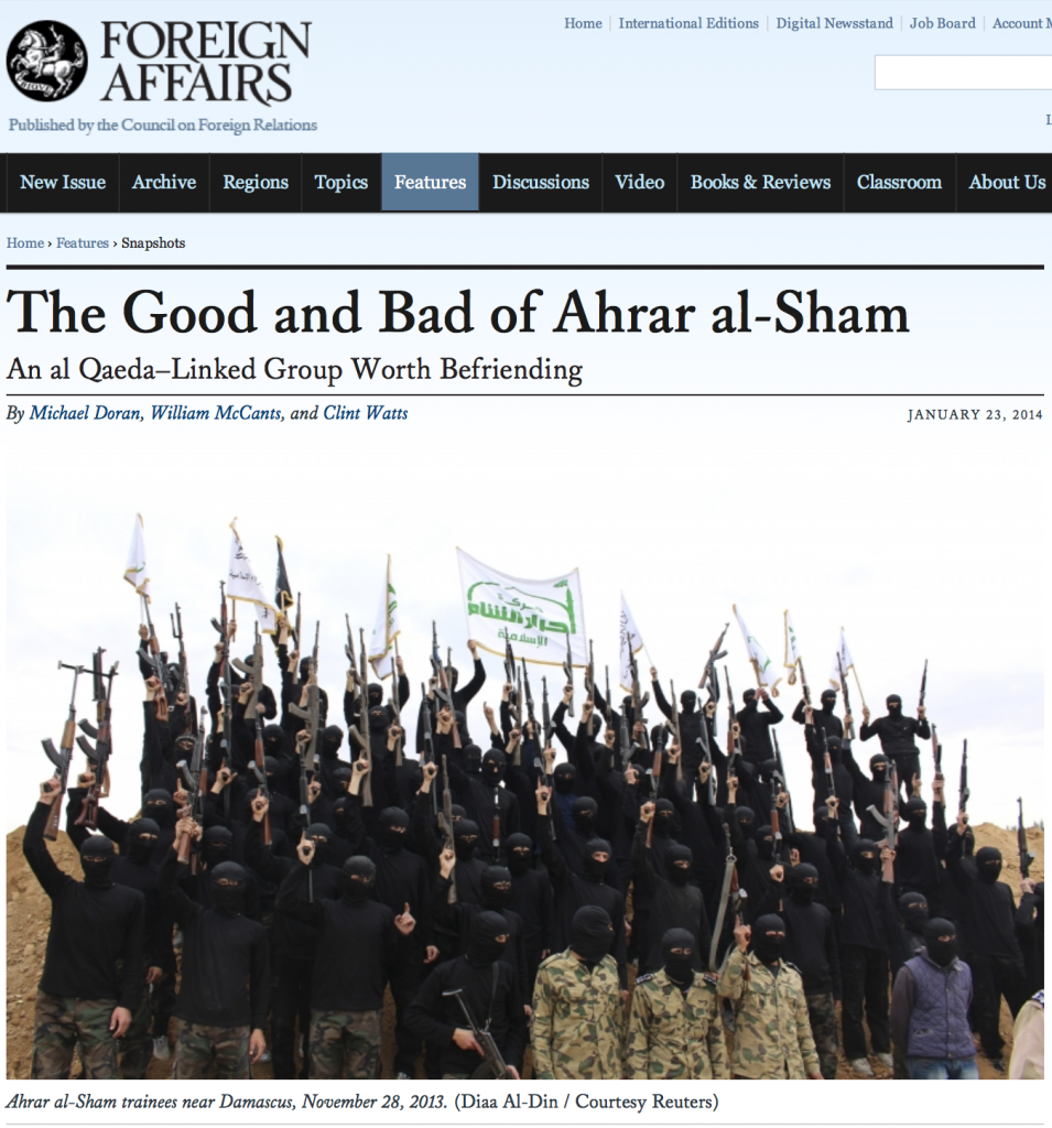 Le mondialiste Council on Foreign Relations s'intéressait lui-aussi aux "modérés" djihadistes d'Ahrar al-Sham