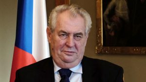 President Milos Zeman gestures while speaking during an interview with Reuters at Prague Castle