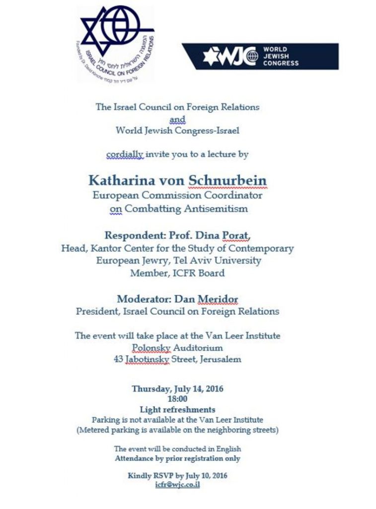 Invitation pour une activité du Congrès Juif Mondial avec Katharina von Schnurbein